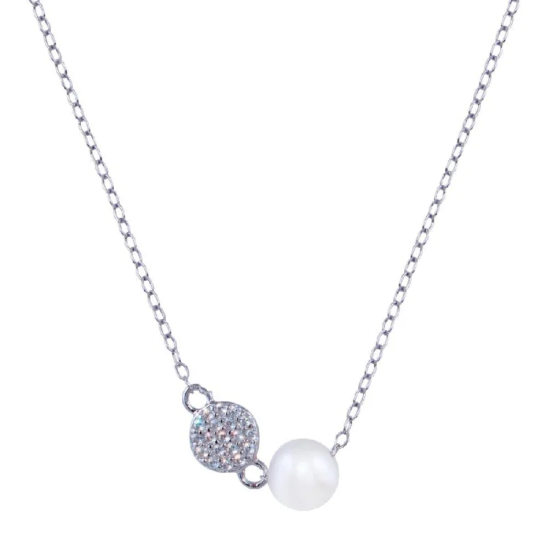 Best necklaces and pendants with opal and gold for a vibrant, luxurious contrast-Rhodium Plated 925 Sterling Silver Fresh Water Pearl Round Charm Clear CZ Necklace - STP01815