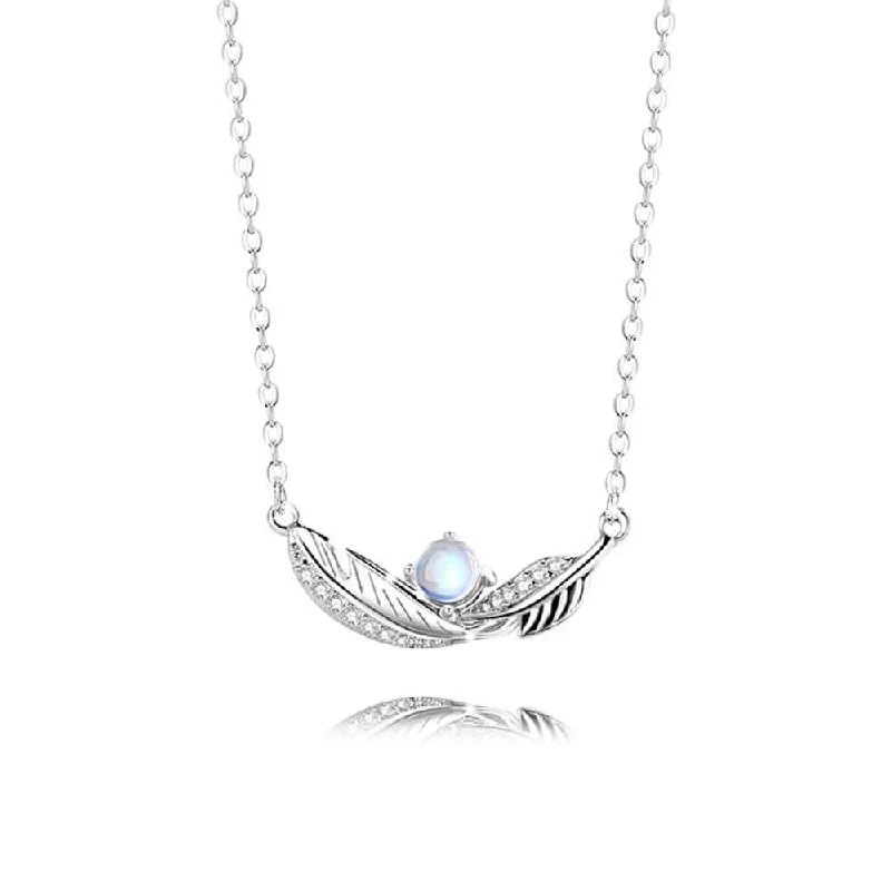 Simple necklaces and pendants with tiny charms for a delicate and casual vibe-Couple Feather Pendant 925 Sterling Silver, Pigeon Feather Moonstone Necklace