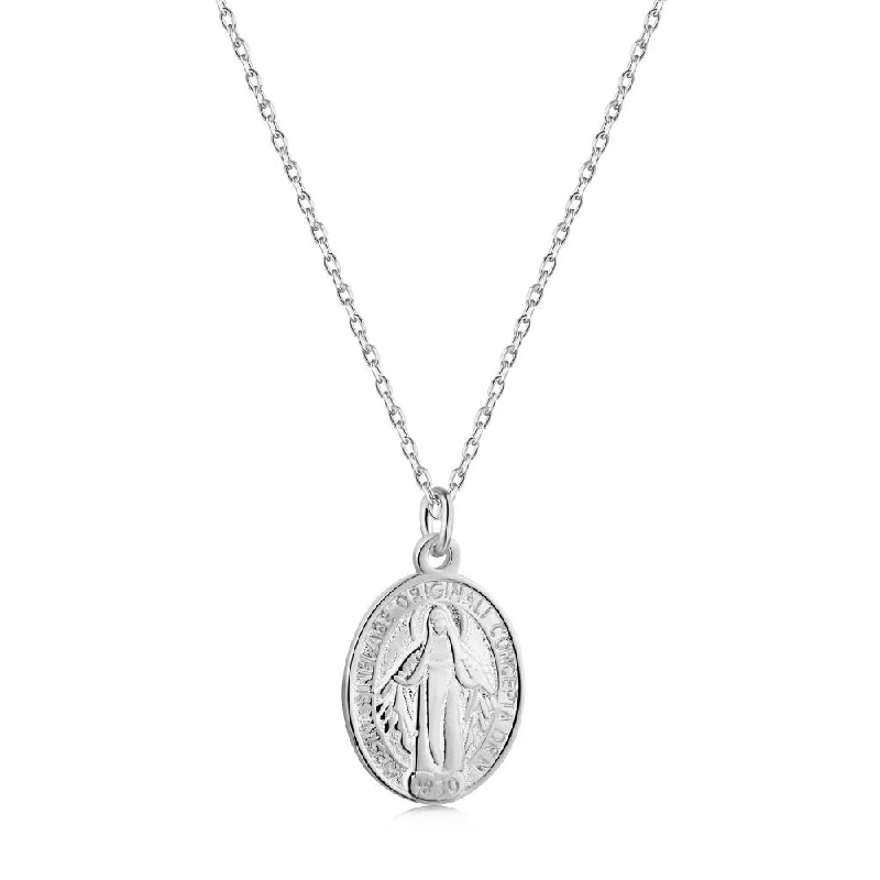 Necklaces and pendants with enamel accents for a colorful, eye-catching appearance-Vintage Sterling Silver Virgin Mary Oval Plaque Virgencita Necklace