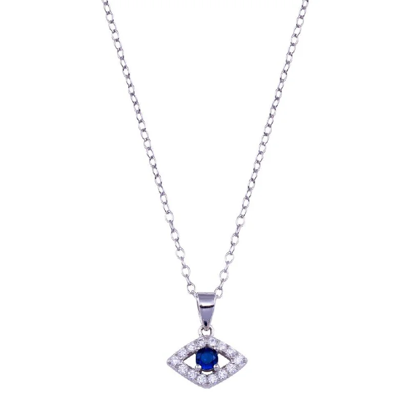 Necklaces and pendants with sun and moon motifs for a celestial-inspired design-Rhodium Plated 925 Sterling Silver Clear and Blue CZ Evil Eye Necklace - BGP01408