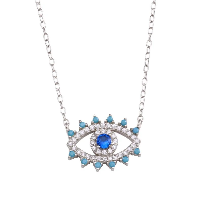 Best necklaces and pendants with rose gold for a warm and romantic appeal-Rhodium Plated 925 Sterling Silver Evil Eye Blue CZ Necklace - STP01772RH