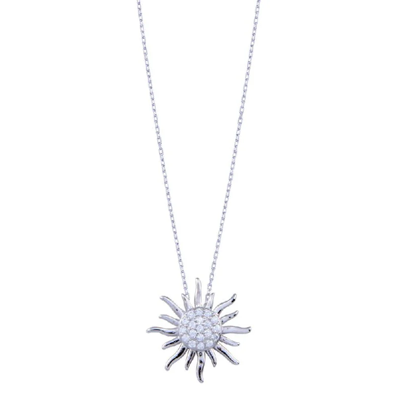 Necklaces and pendants with leaf-shaped designs for an earthy, organic feel-Rhodium Plated 925 Sterling Silver Clear CZ Sun Necklace - BGP01403