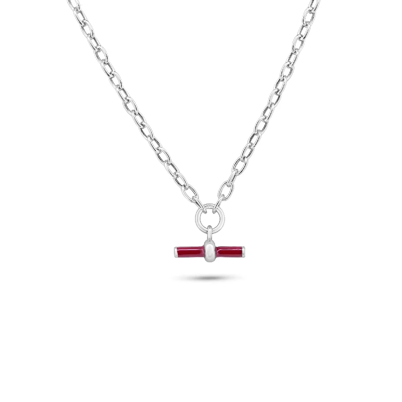 Necklaces and pendants with crescent moon designs for a celestial and mystical feel-Rhodium Plated 925 Sterling Silver Curb Rolo Adjustable Enamel Red Bar Necklace - ITN00168-RH