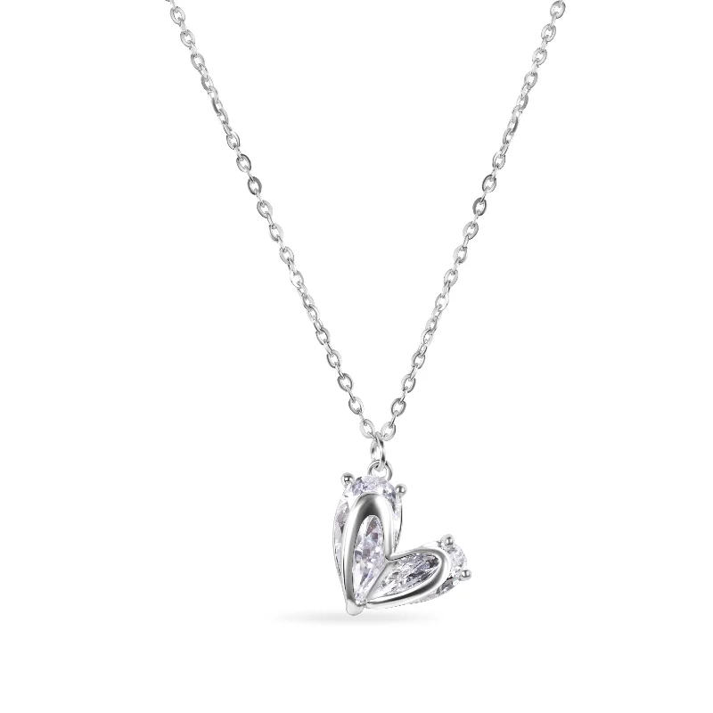 Best necklaces and pendants with rose gold for a warm and romantic appeal-Rhodium Plated 925 Sterling Silver Heart Clear CZ Adjustable Necklace - GMN00224