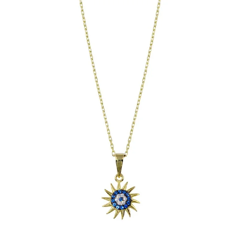 Necklaces and pendants with lock and key designs for a symbolic gesture-Gold Plated 925 Sterling Silver Clear Blue CZ Sun Evil Eye Necklace - BGP01401