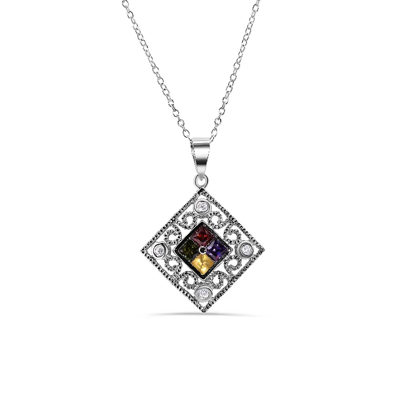 Best necklaces and pendants with opal gemstones for an iridescent glow-Silver 925 Rhodium Plated Diamond Shape Faceted Multicolor CZ Necklace - BGP00467