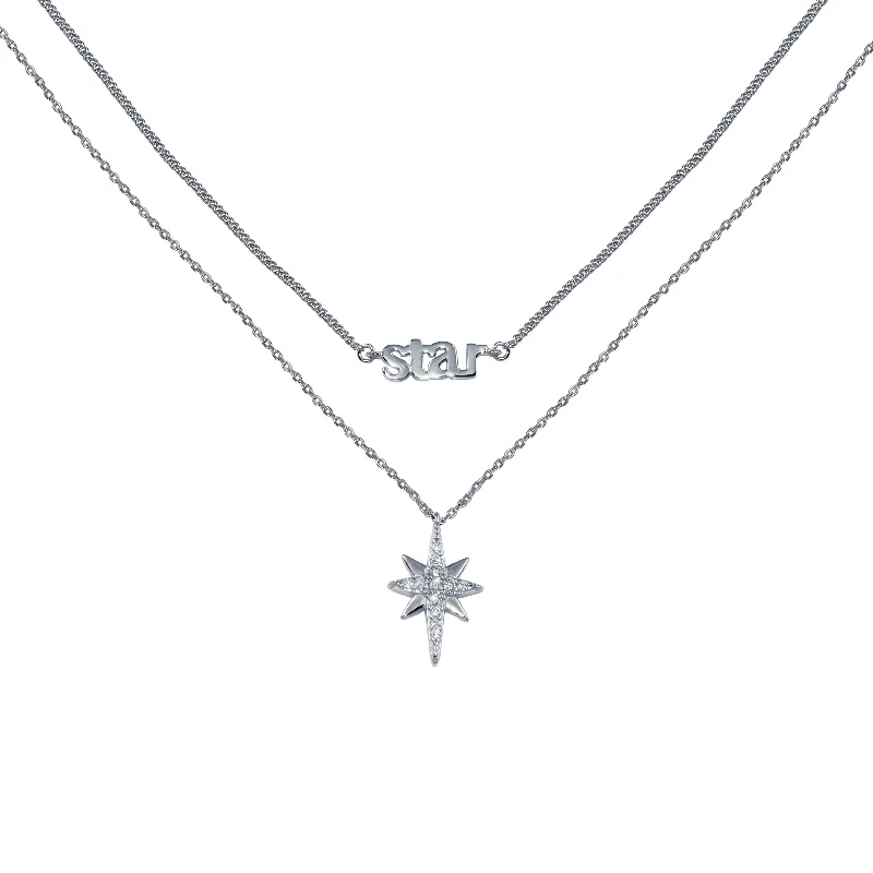 Stunning necklaces and pendants with chakra stones for healing and balance-Rhodium Plated 925 Sterling Silver North Star CZ  Dual Strand Necklace - STP01766