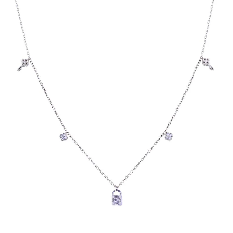 Necklaces and pendants with celestial starburst designs for a radiant look-Rhodium Plated 925 Sterling Silver Clear CZ Lock and Key Necklace - BGP01406