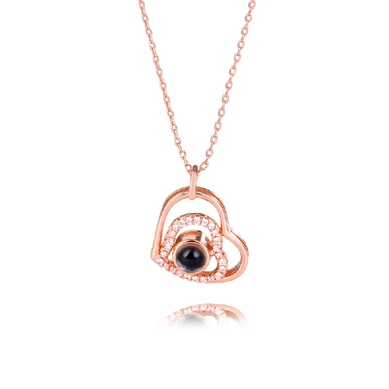 Beautiful necklaces and pendants with layered chains for a fashionable, chic look-Zirconia Heart Pendant Projection Necklace with Picture inside