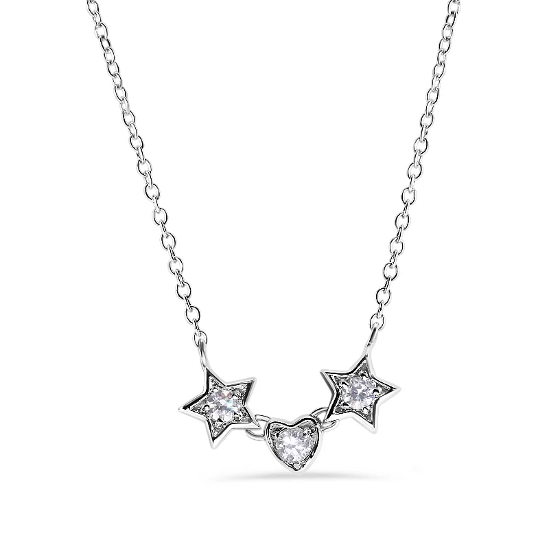 Layered necklaces and pendants for a trendy and fashionable stacked look-Silver 925 Rhodium Plated 2 Stars and Heart CZ Necklace - BGP00531