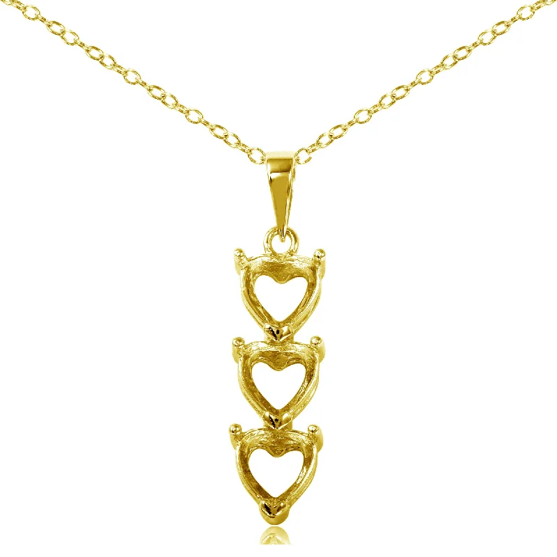 Unique necklaces and pendants with artistic shapes for a creative, one-of-a-kind design-Gold Plated 925 Sterling Silver Personalized 3 Heart Drop Mounting Necklace - BGP00780GP