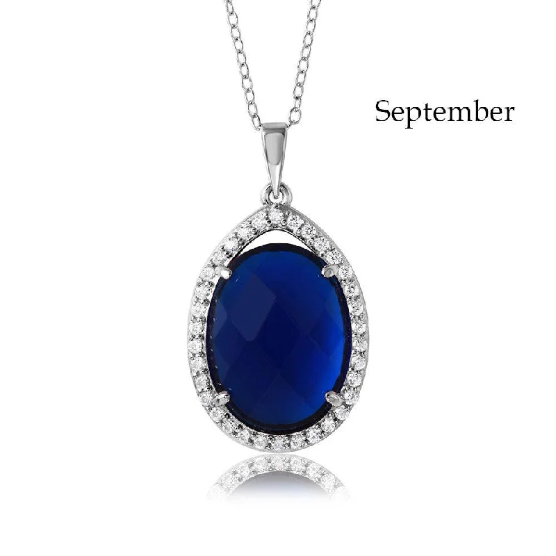 Personalized necklaces and pendants with name engravings for a custom touch-Rhodium Plated 925 Sterling Silver Oval CZ September Birthstone Necklace - BGP01034SEP