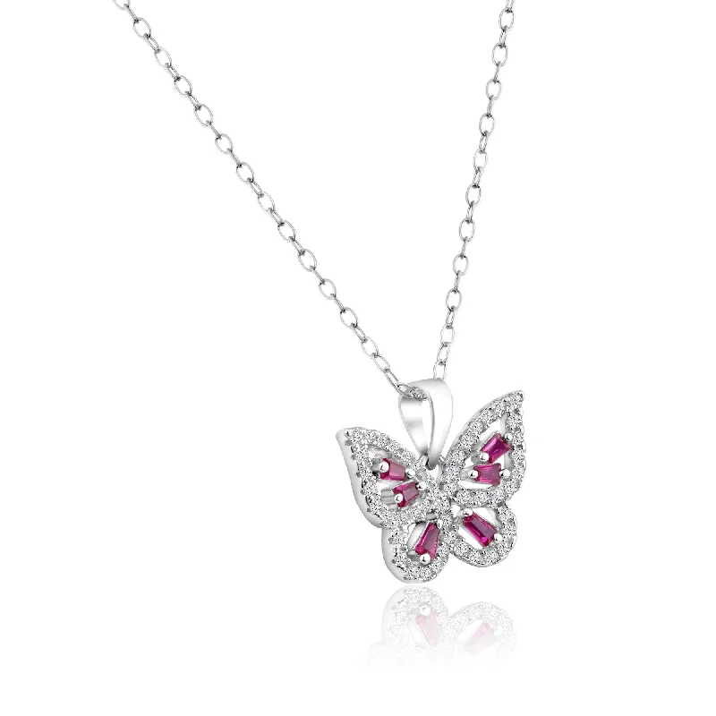 Beautiful necklaces and pendants with layered chains for a fashionable, chic look-Rhodium Plated 925 Sterling Silver Clear and Red CZ Butterfly Pendant Necklace - BGP01453