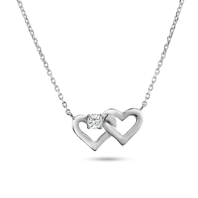 Trendy necklaces and pendants with geometric shapes for a modern aesthetic-Rhodium Plated 925 Sterling Silver Twin Hearts Clear CZ Pendant Necklace - BGP01470