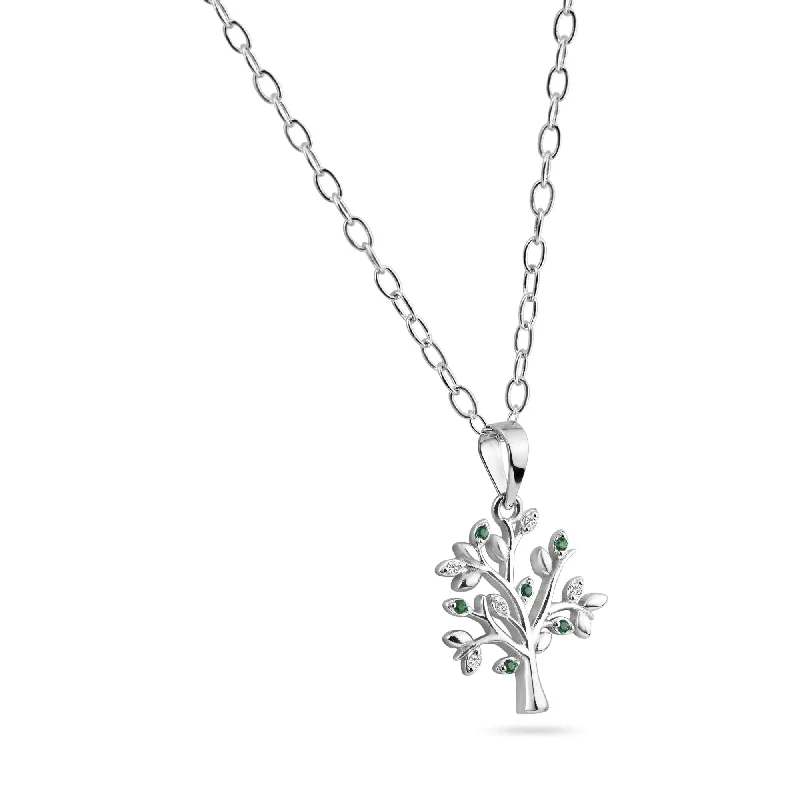 Elegant necklaces and pendants with onyx stones for a sleek, polished look-Rhodium Plated 925 Sterling Silver Green and Clear Tree Pendant Necklace - BGP01457