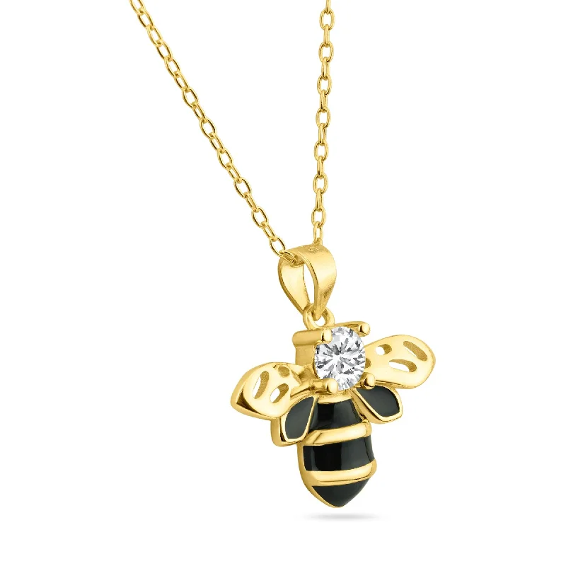 Beautiful necklaces and pendants with gemstone teardrops for an elegant effect-Gold Plated 925 Sterling Silver Clear and Black Enamel Bee Pendant Necklace - BGP01454