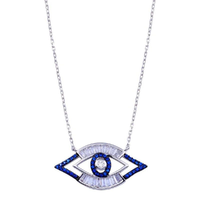 Trendy necklaces and pendants with statement pieces for a bold fashion statement-Rhodium Plated 925 Sterling Silver Clear Blue CZ Evil Eye Necklace - BGP01409