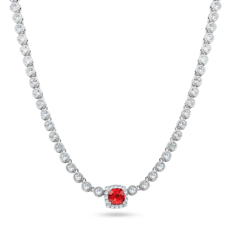 Simple necklaces and pendants with bar pendants for a sleek modern design-Rhodium Plated 925 Sterling Silver Bubble Tennis CZ Red Center Stone Necklace - BGP01469JAN