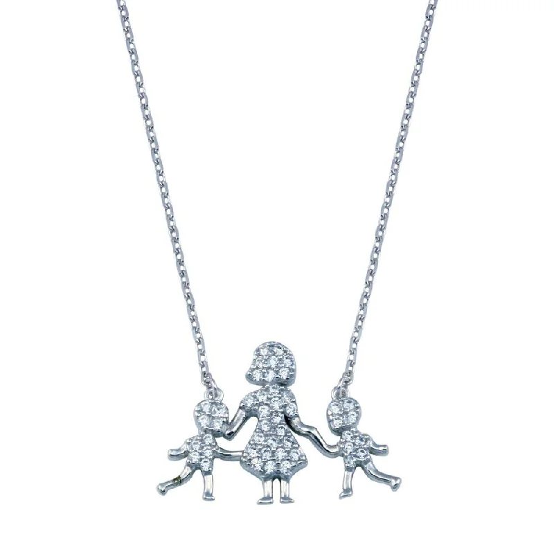 Stunning necklaces and pendants with sapphire gemstones for a luxurious blue hue-Rhodium Plated 925 Sterling Silver CZ Mother and Two Sons Clear CZ Necklace - GMN00116