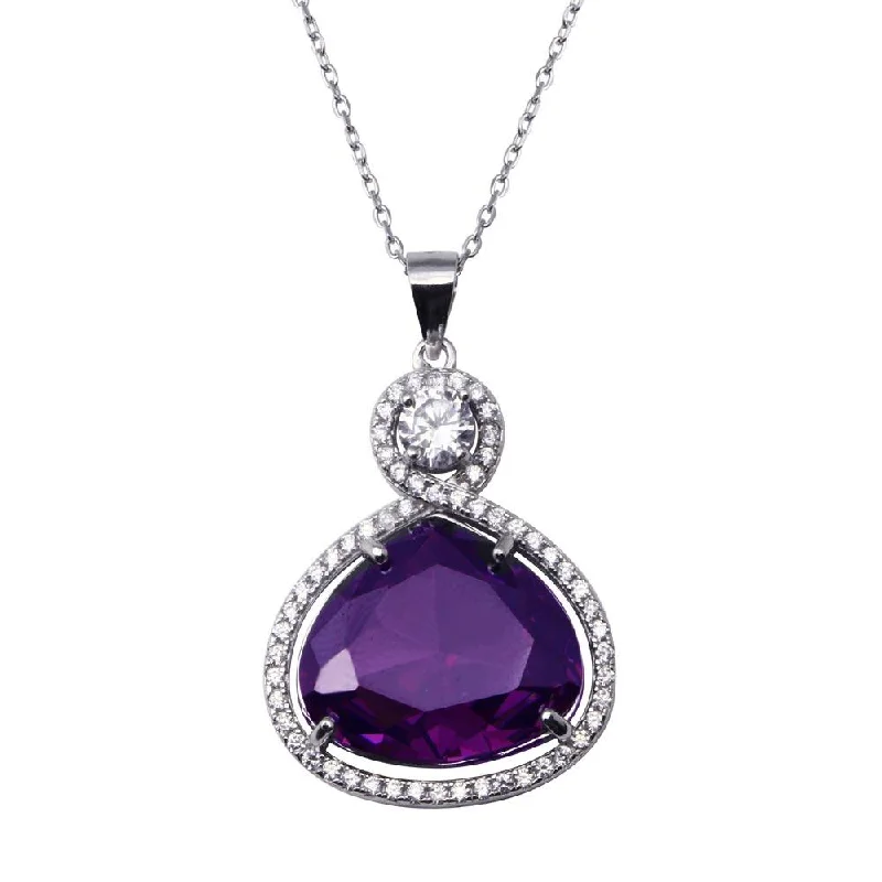 Necklaces and pendants with infinity love symbols for an eternal, romantic gesture-Rhodium Plated 925 Sterling Silver Wide Teardrop Amethyst Clear CZ Adjustable Necklace - BGP01447