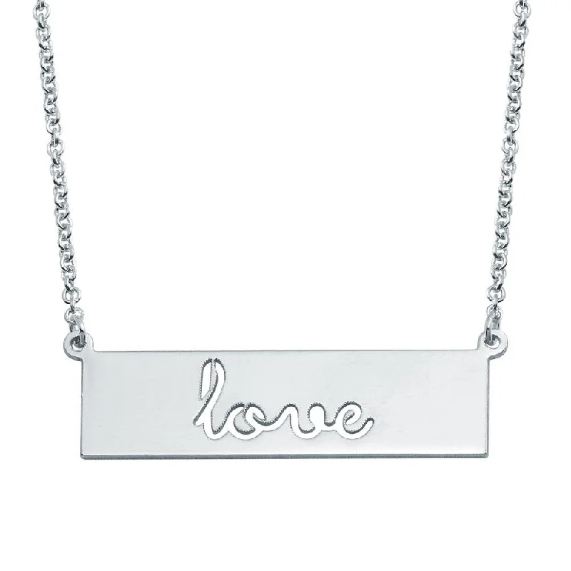 Best necklaces and pendants with silver chains for a sleek, timeless look-Rhodium Plated 925 Sterling Silver Love Engraved Bar Pendant Necklace  - ARN00055RH