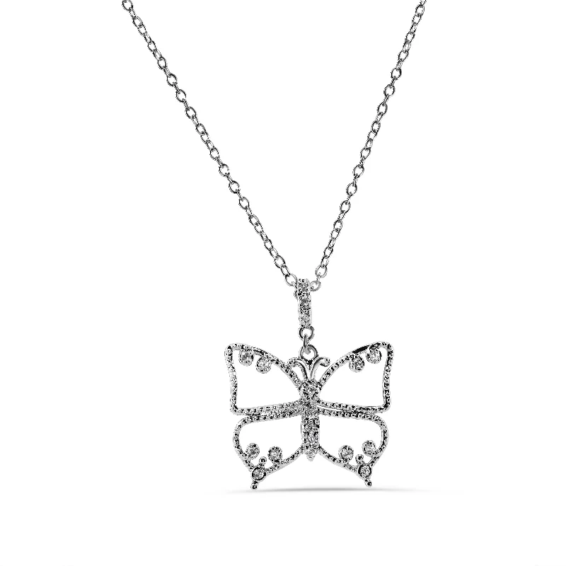 Elegant necklaces and pendants with diamond accents for added sparkle-Silver 925 Rhodium Plated Butterfly Outline Clear CZ Necklace - BGP00245