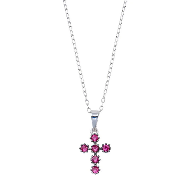 Stunning necklaces and pendants with ruby and diamond combinations for a luxurious effect-Rhodium Plated 925 Sterling Silver Cross Pink CZ Necklace  - BGP01393