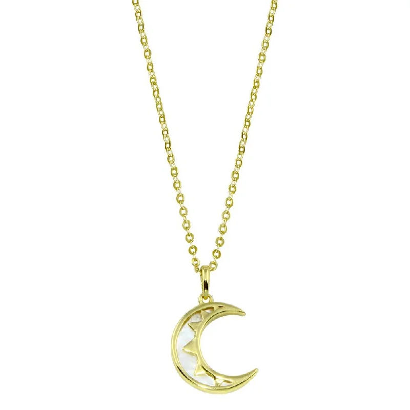 Beautiful necklaces and pendants with natural stones for an earthy, organic vibe-Gold Plated 925 Sterling Silver CZ Synthetic Mother of Pearl Crescent Moon Necklace - STP01775GP