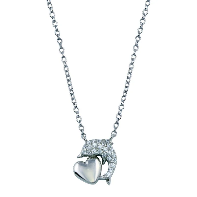 Beautiful necklaces and pendants with diamond halo settings for extra brilliance-Rhodium Plated 925 Sterling Silver CZ Dolphin Necklace With Heart - STP01778