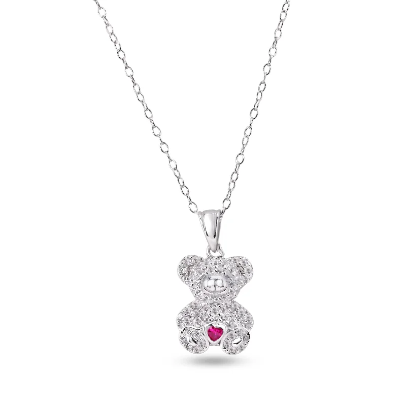 Best necklaces and pendants with seashell designs for a tropical, beachy vibe-Rhodium Plated 925 Sterling Silver Bear Heart Red and Clear CZ Pendant Necklace - STP01858