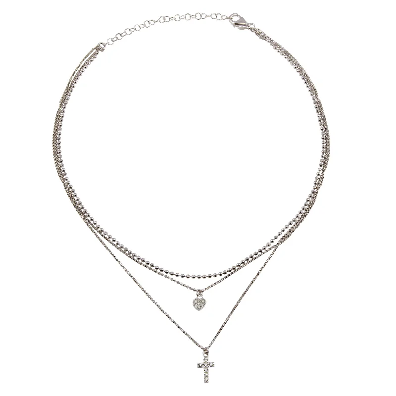 Stunning necklaces and pendants with birthstone pendants for a personal touch-Rhodium Plated 925 Sterling Silver Triple Beaded Chain CZ Heart, Cross Necklace - ITN00123RH