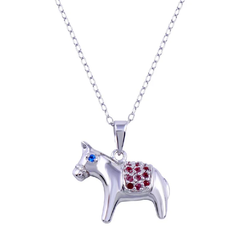 Necklaces and pendants with personalized charms for a custom piece of jewelry-Rhodium Plated 925 Sterling Silver Donkey Red and Blue CZ Necklace - BGP01417