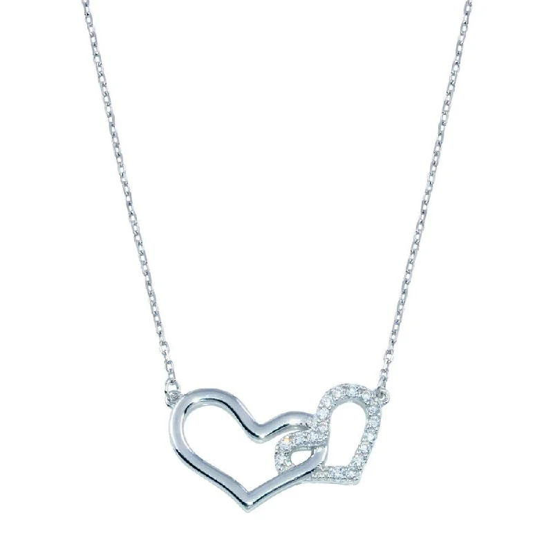 Beautiful necklaces and pendants with moon and star charms for a dreamy effect-Rhodium Plated 925 Sterling Silver Double CZ Heart Necklace - BGP01396