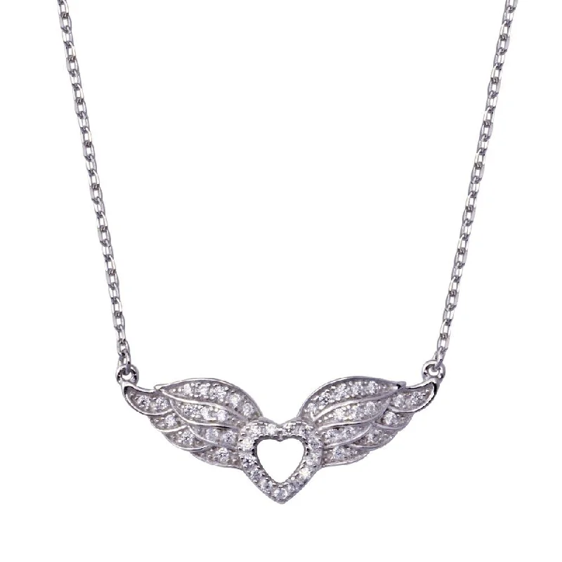 Stylish necklaces and pendants with diamonds for a glamorous and elegant look-Rhodium Plated 925 Sterling Silver Heart Wings Adjustable Necklace - BGP01444