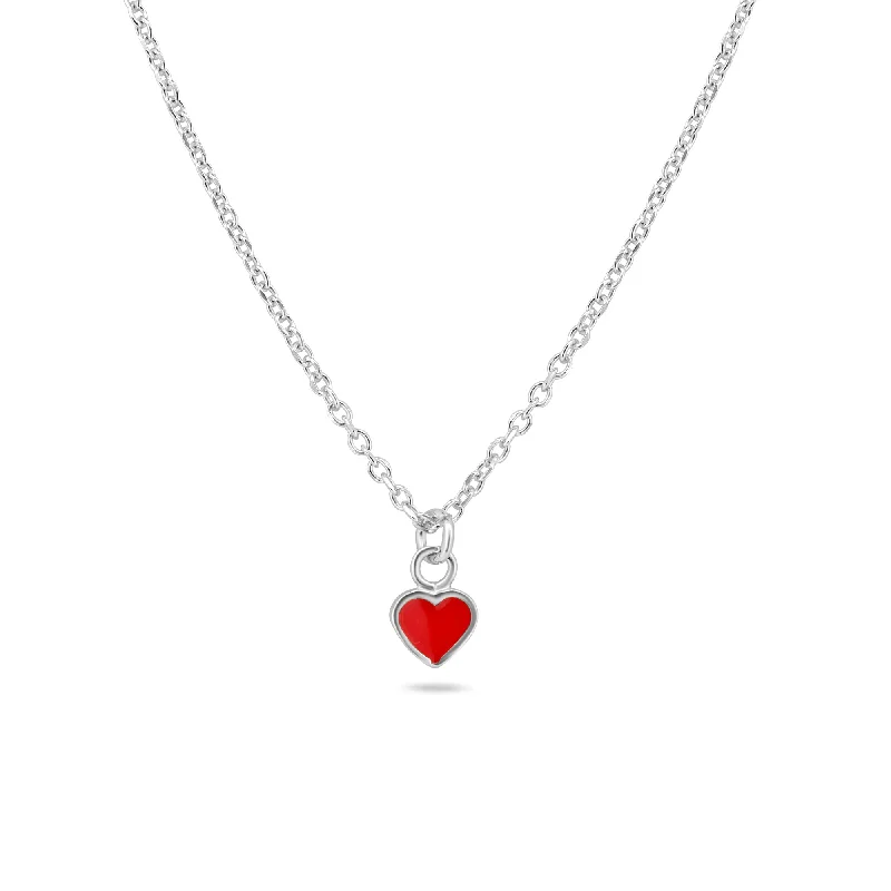 Necklaces and pendants with feather designs for a boho-chic, carefree vibe-Rhodium Plated 925 Sterling Silver Rolo Adjustable Enamel Red Heart Necklace - ITN00169-RH