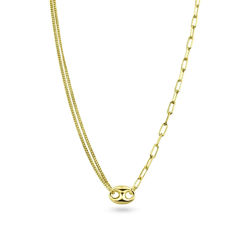 Necklaces and pendants with lotus flower designs for a spiritual, peaceful vibe-Gold Plated 925 Sterling Silver Puffed Mariner Double Strand Curb and Single Paperclip Adjustable Link Necklace - ITN00157-GP