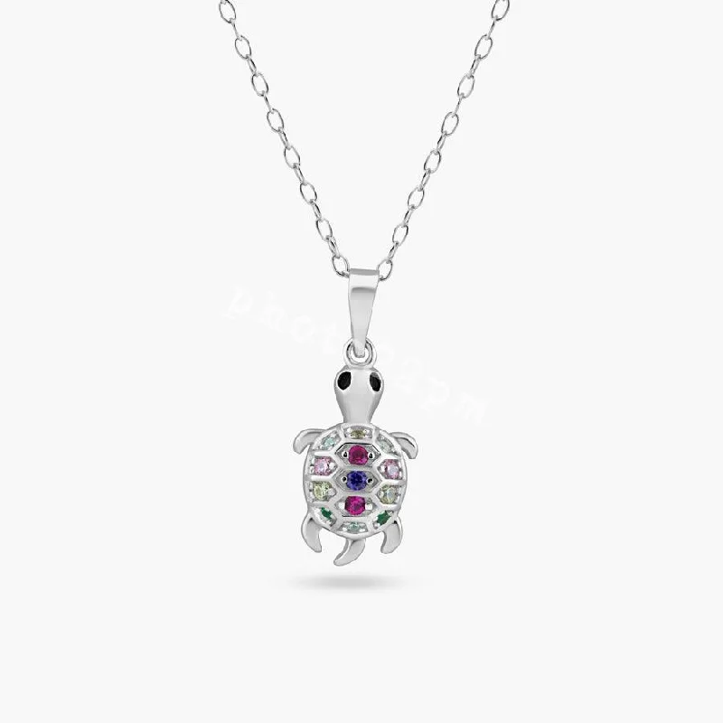 Beautiful necklaces and pendants with moonstone for an ethereal, mystical appearance-Rhodium Plated 925 Sterling Silver Clear Multi Color CZ Turtle Pendant Necklace - BGP01450