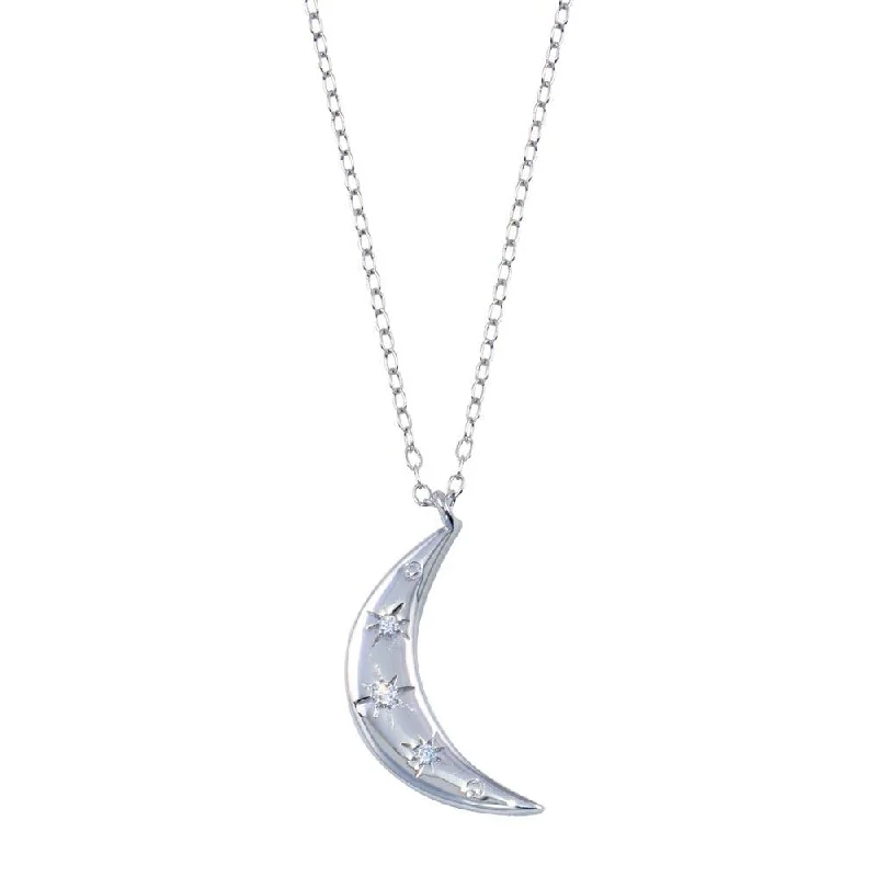 Necklaces and pendants with matching rings for a coordinated set of jewelry-Rhodium Plated 925 Sterling Silver Moon CZ Necklace  - STP01792