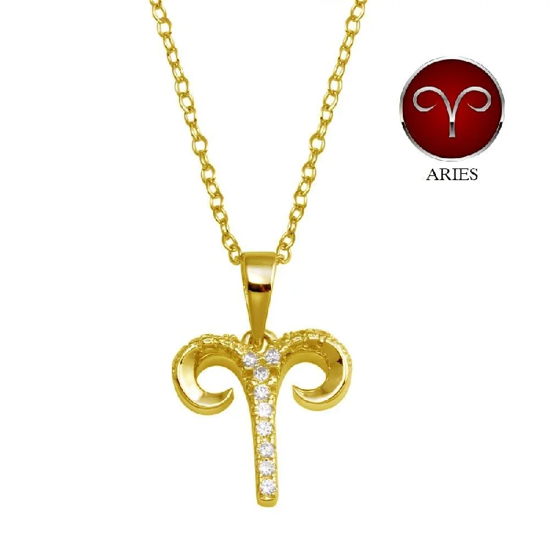 Necklaces and pendants with clear quartz for a pure and radiant look-Gold Plated 925 Sterling Silver Aries CZ Zodiac Sign Necklace - BGP01333GP