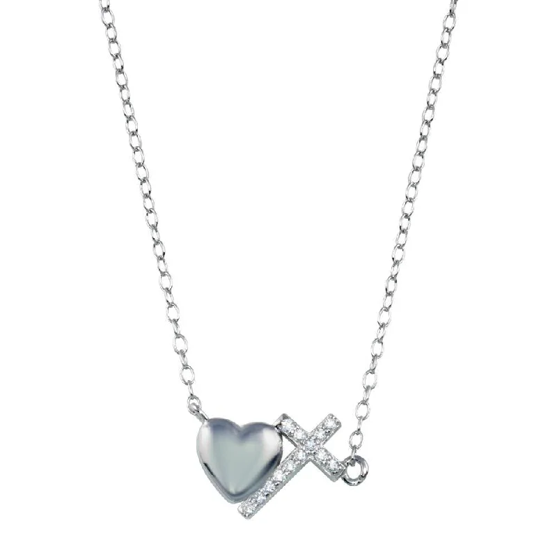 Fashionable necklaces and pendants with birthstones for a personalized gift idea-Rhodium Plated 925 Sterling Silver Heart Cross Necklace - STP01784