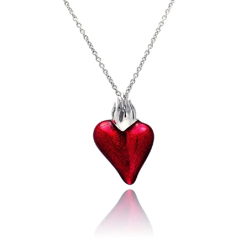 Best necklaces and pendants with art deco elements for a vintage, glamorous design-Rhodium Plated 925 Sterling Silver Red Enamel Heart Necklace - STP00845