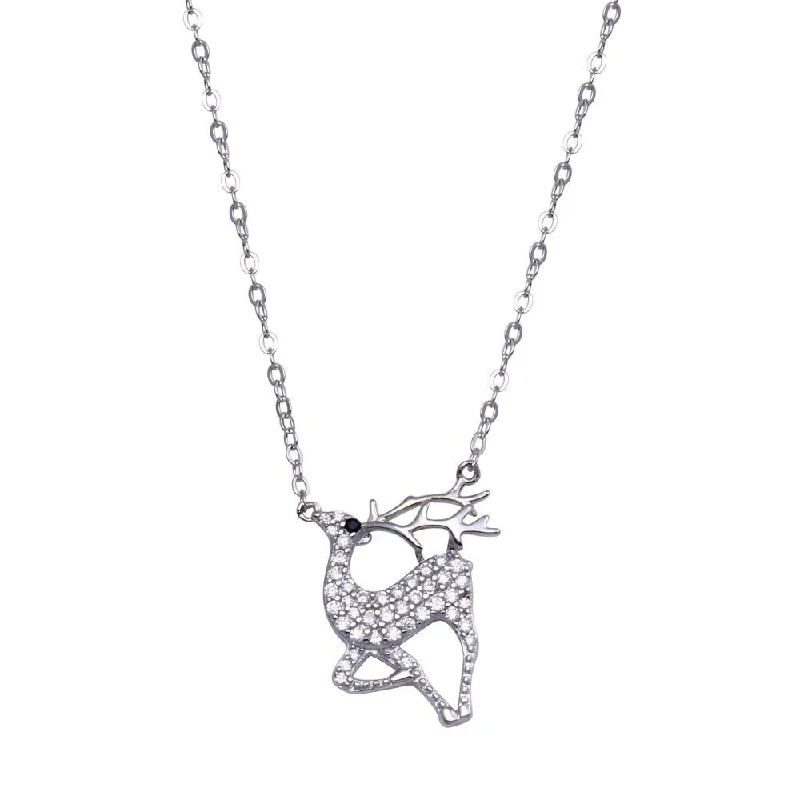 Trendy necklaces and pendants with statement pieces for a bold fashion statement-Rhodium Plated 925 Sterling Silver CZ Deer  Necklace - STP01824