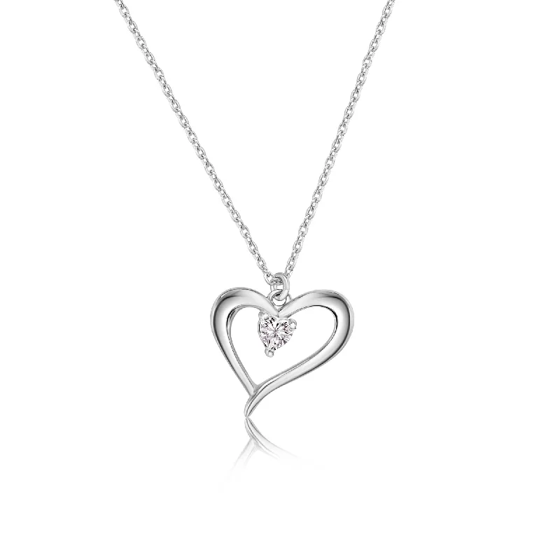 Necklaces and pendants with lock and key designs for a symbolic gesture-Rhodium Plated 925 Sterling Silver Heart Clear CZ Necklace Pendant - SOP00181