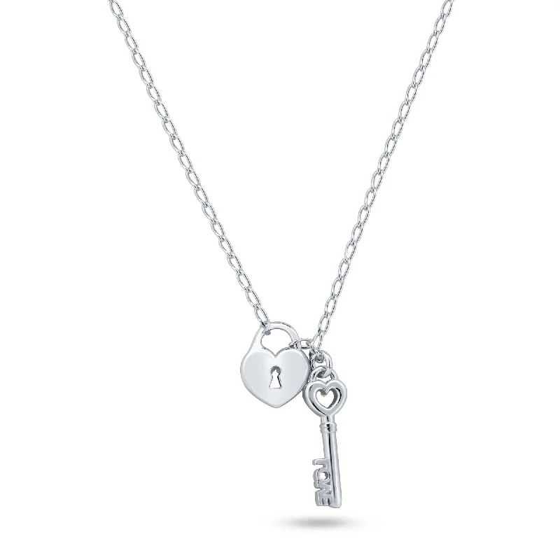 Personalized necklaces and pendants with initials for a customized and meaningful gift-Rhodium Plated 925 Sterling Silver Medium Love Key and Heart Lock Necklace - ECN00072RH