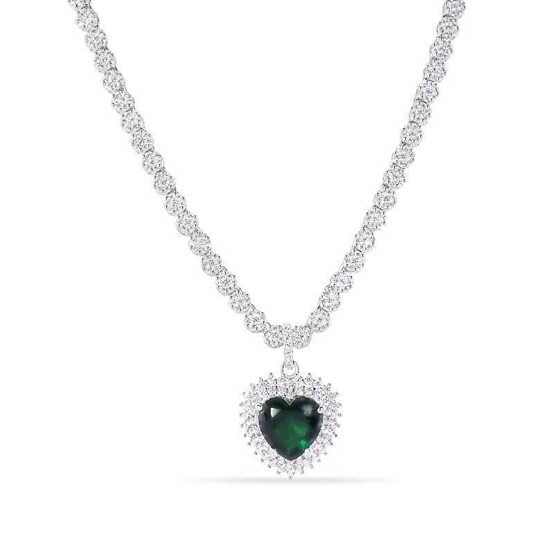 Necklaces and pendants with clear quartz for a pure and radiant look-Rhodium Plated 925 Sterling Silver Heart Green CZ Pendant 3.8mm Round Cut Clear CZ Tennis Necklace - GMN00222