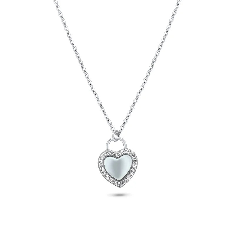 Best necklaces and pendants with intricate beadwork for a bohemian-inspired look-Rhodium Plated 925 Sterling Silver Heart CZ Mother of Pearl Necklace - GMN00203