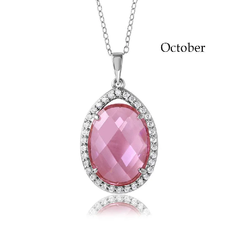 Elegant necklaces and pendants with gold chains for a chic, timeless appearance-Rhodium Plated 925 Sterling Silver Oval CZ October Birthstone Necklace - BGP01034OCT