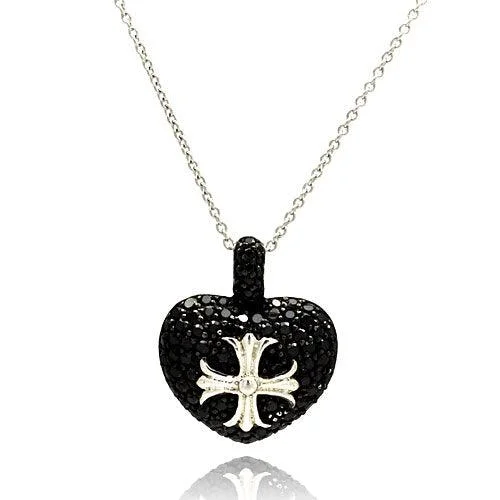 Stunning necklaces and pendants with turquoise and gold for a vibrant, earthy look-Clearance-Rhodium Plated 925 Sterling Silver Black Heart with Silver Cross Necklace - STP00784