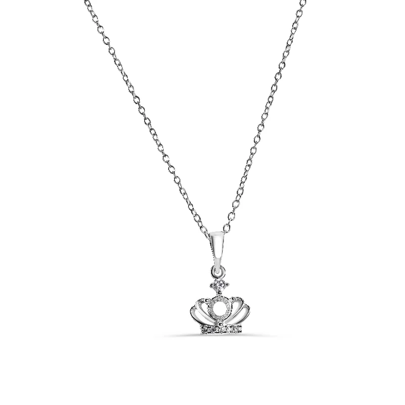 Best necklaces and pendants with crystal accents for a sparkling and elegant style-Silver 925 Rhodium Plated Crown Mounting Clear CZ Necklace - BGP01283