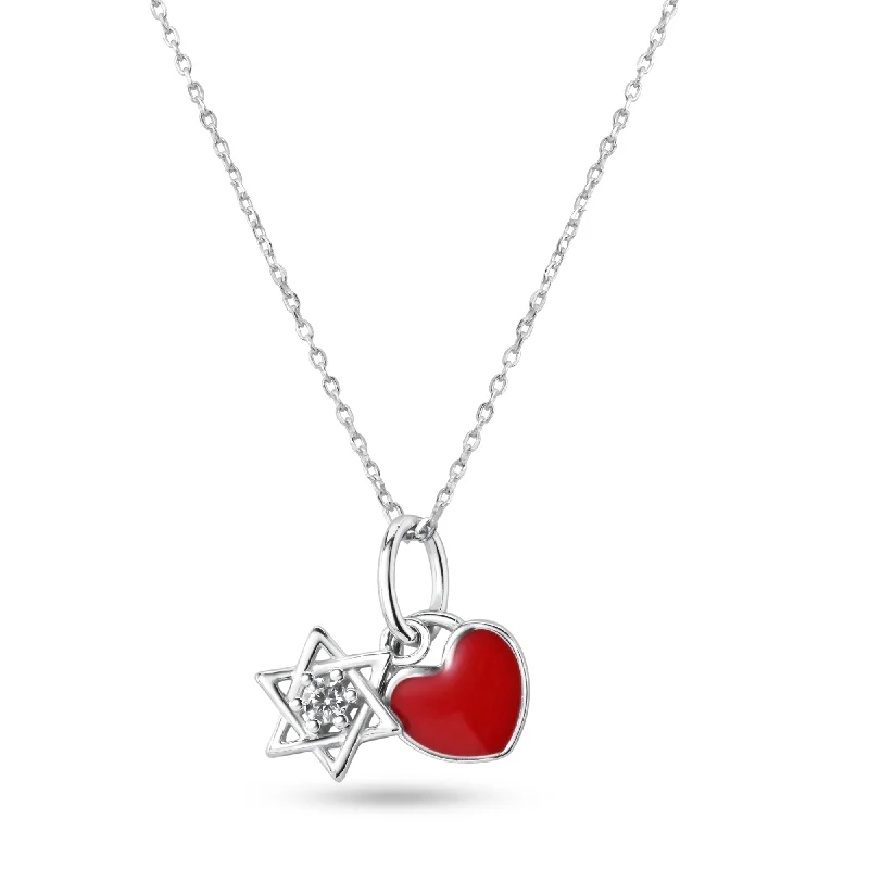 Best necklaces and pendants with matching rings for a coordinated jewelry set-Rhodium Plated 925 Sterling Silver Star of David Red Enamel Heart Clear CZ Pendant Necklace - STP01855